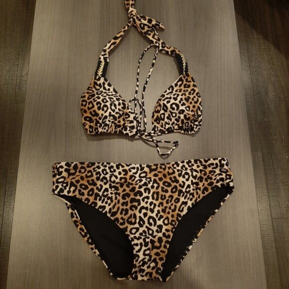 Rampage Leopard String Bikini Set Halter Triangle High Waist Gold Womens Size XL - Picture 8 of 16